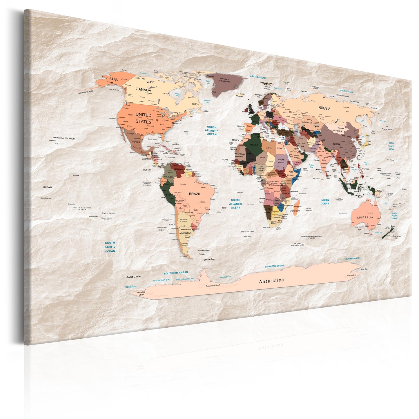Weltkarte als Leinwandbild - Wandbild - World Map: Stony Oceans