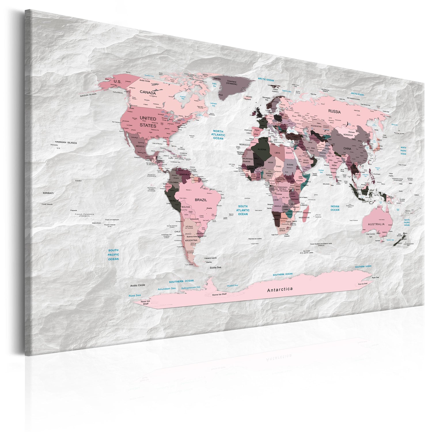 Weltkarte als Leinwandbild - Wandbild - World Map: Pink Continents