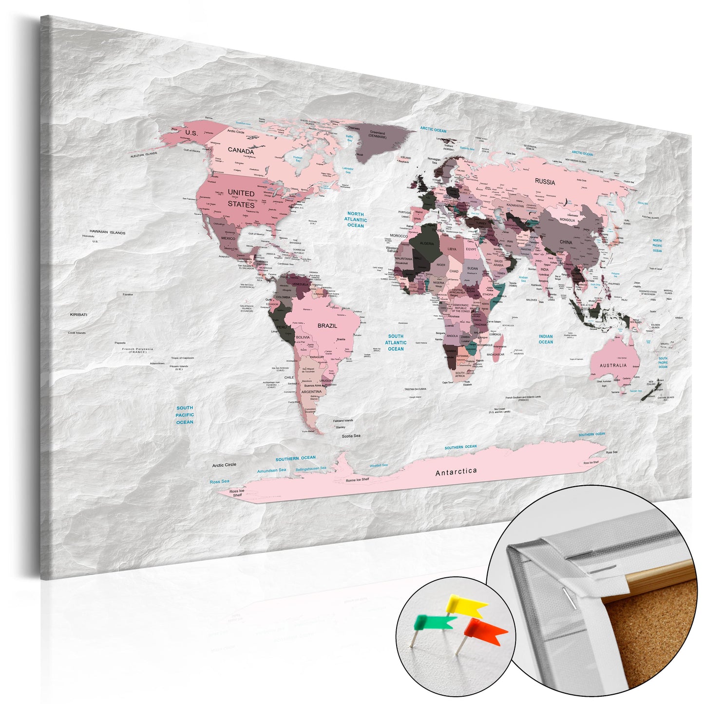 Pinnwand - Weltkarte Pink Continents - WELTKARTEN24