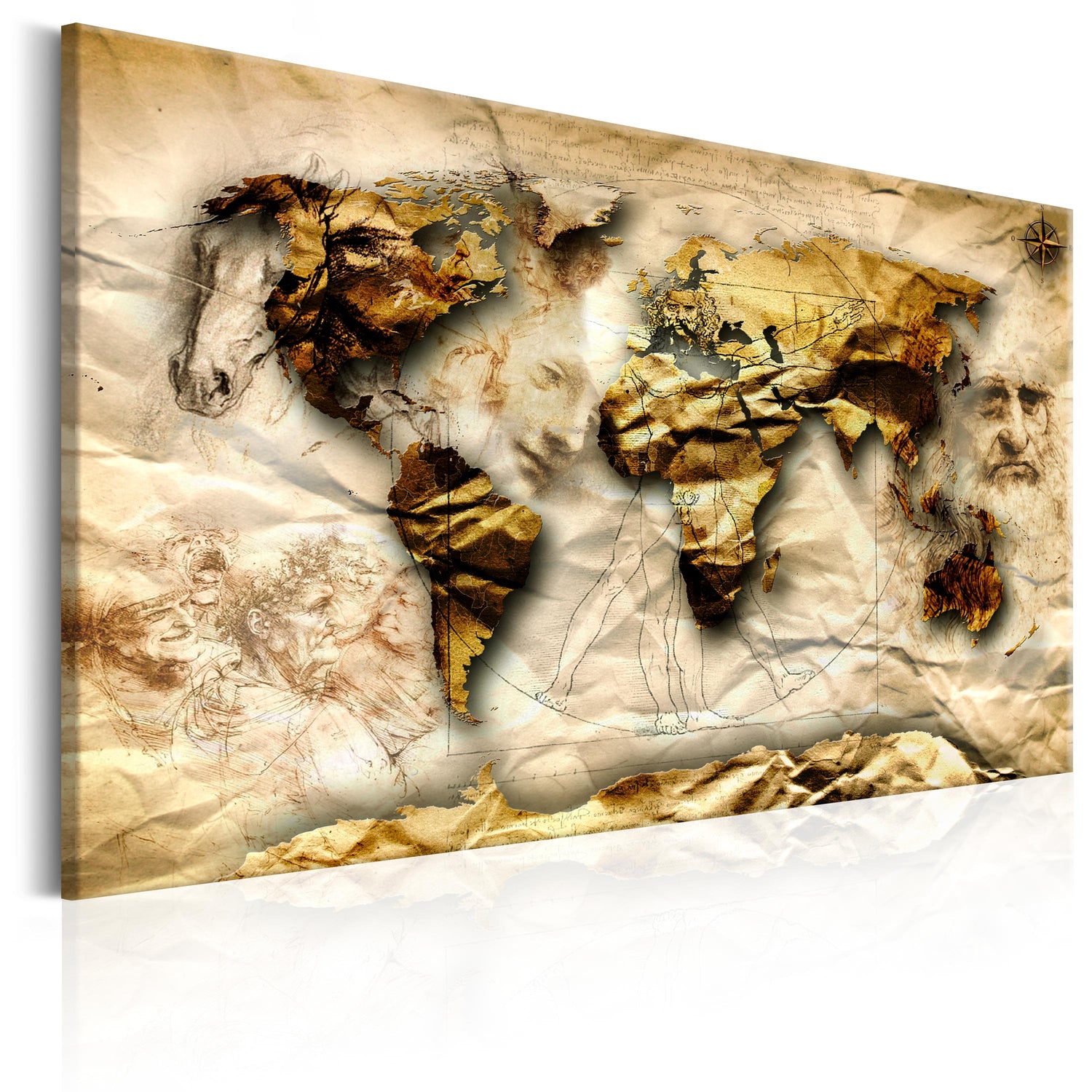 Weltkarte als Leinwandbild - Wandbild - Map: Leonardo da Vinci inspiration