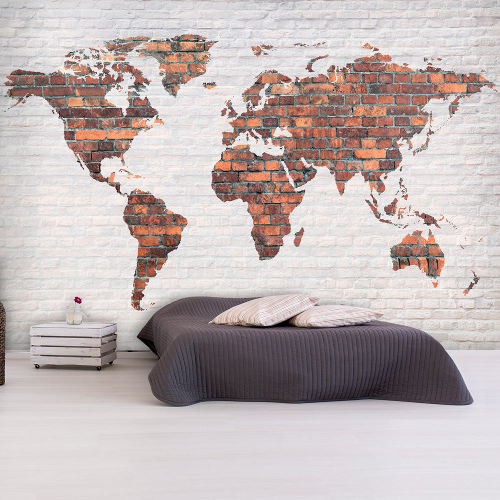Fototapete - World Map: Brick Wall - WELTKARTEN24
