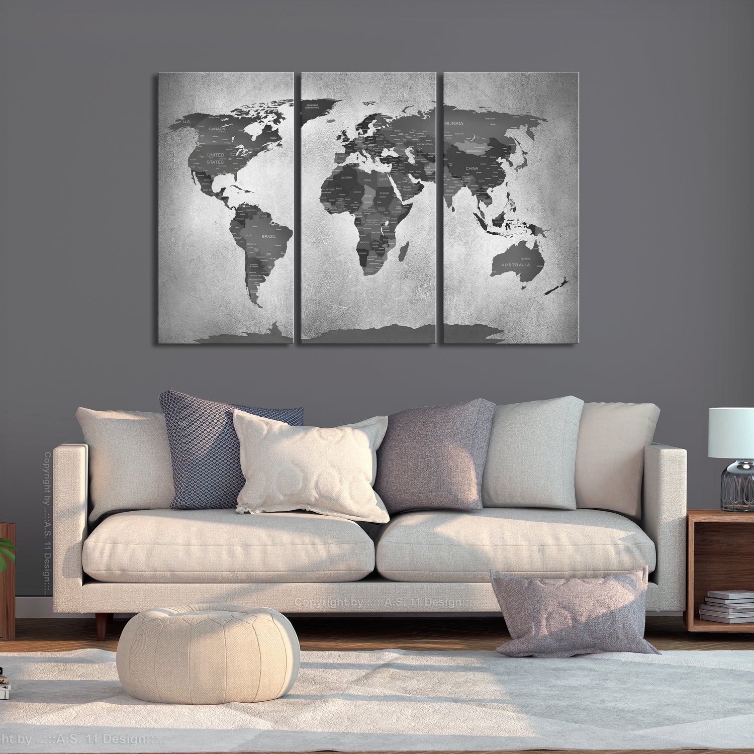 Weltkarte als Leinwandbild - Wandbild - Map on Concrete (3 Parts)