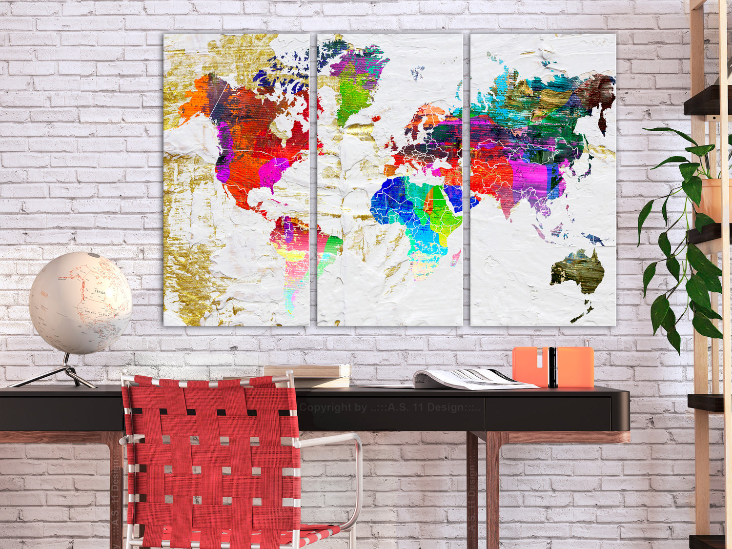 Weltkarte als Leinwandbild - Wandbild - Golden Front (3 Parts)