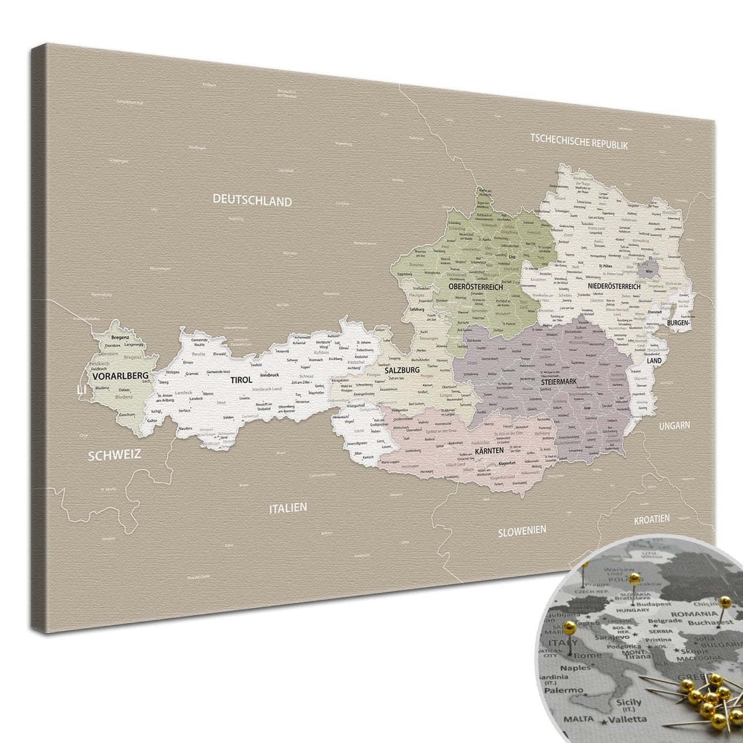 Deine Österreichkarte Grau Sand als Premiumleinwand mit 2 cm breiten Rahmen.