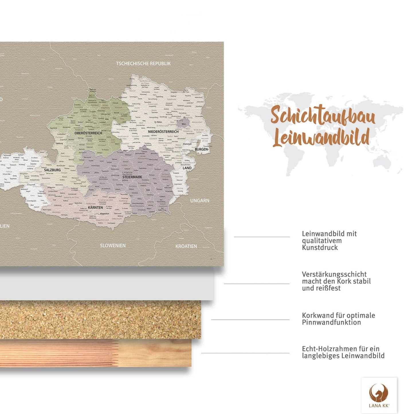 Deine Österreichkarte Grau Sand ist stabil konstruiert und ist optimal zum Pinnen Deiner Reiseziele.