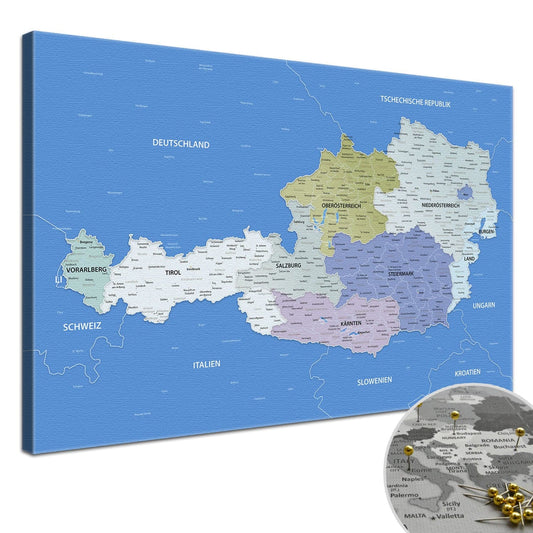 Deine Österreichkarte Hellblau als Premiumleinwand mit 2 cm breiten Rahmen.