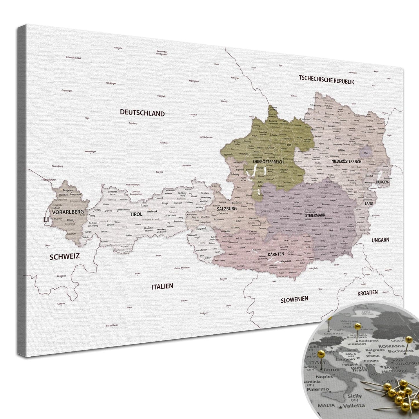 Deine Österreichkarte Weiß als Premiumleinwand mit 2 cm breiten Rahmen.