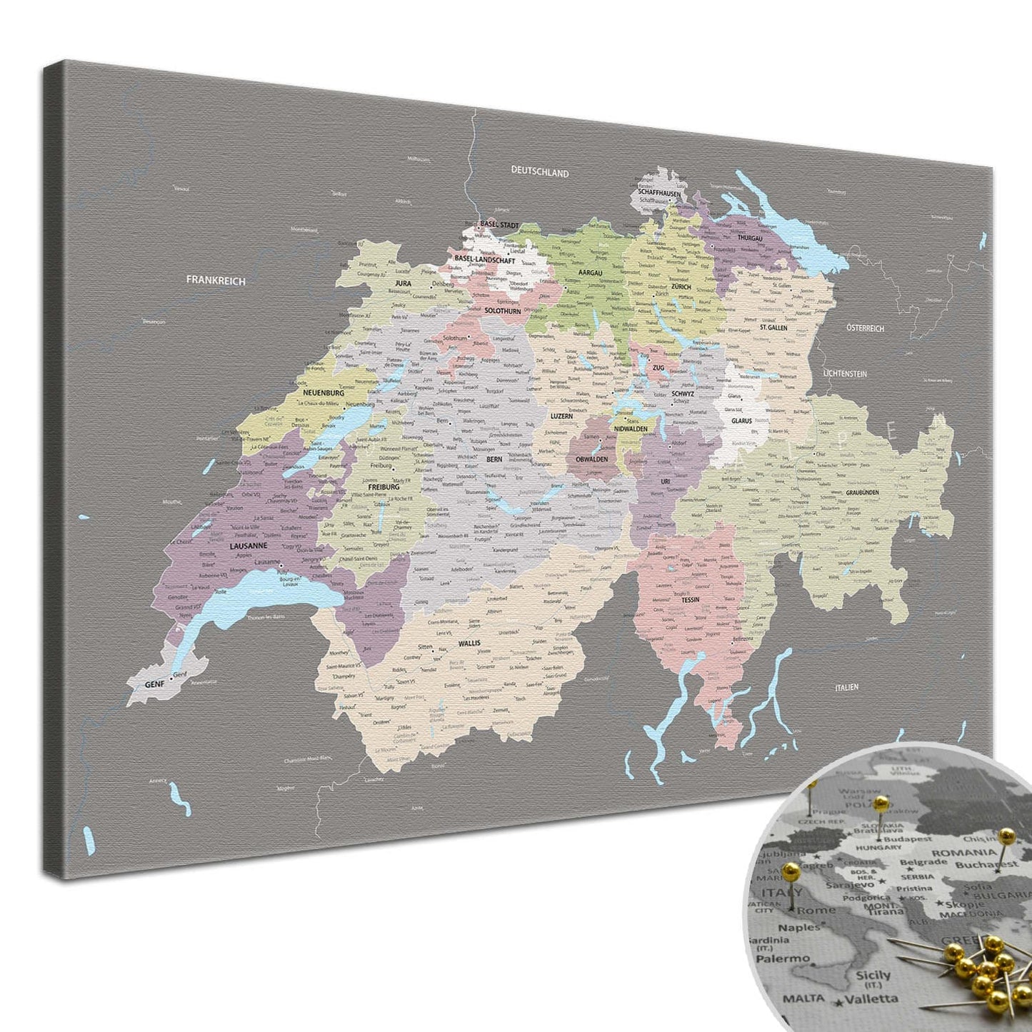Deine Schweizkarte Graphit Grau als Premiumleinwand mit 2 cm breiten Rahmen.