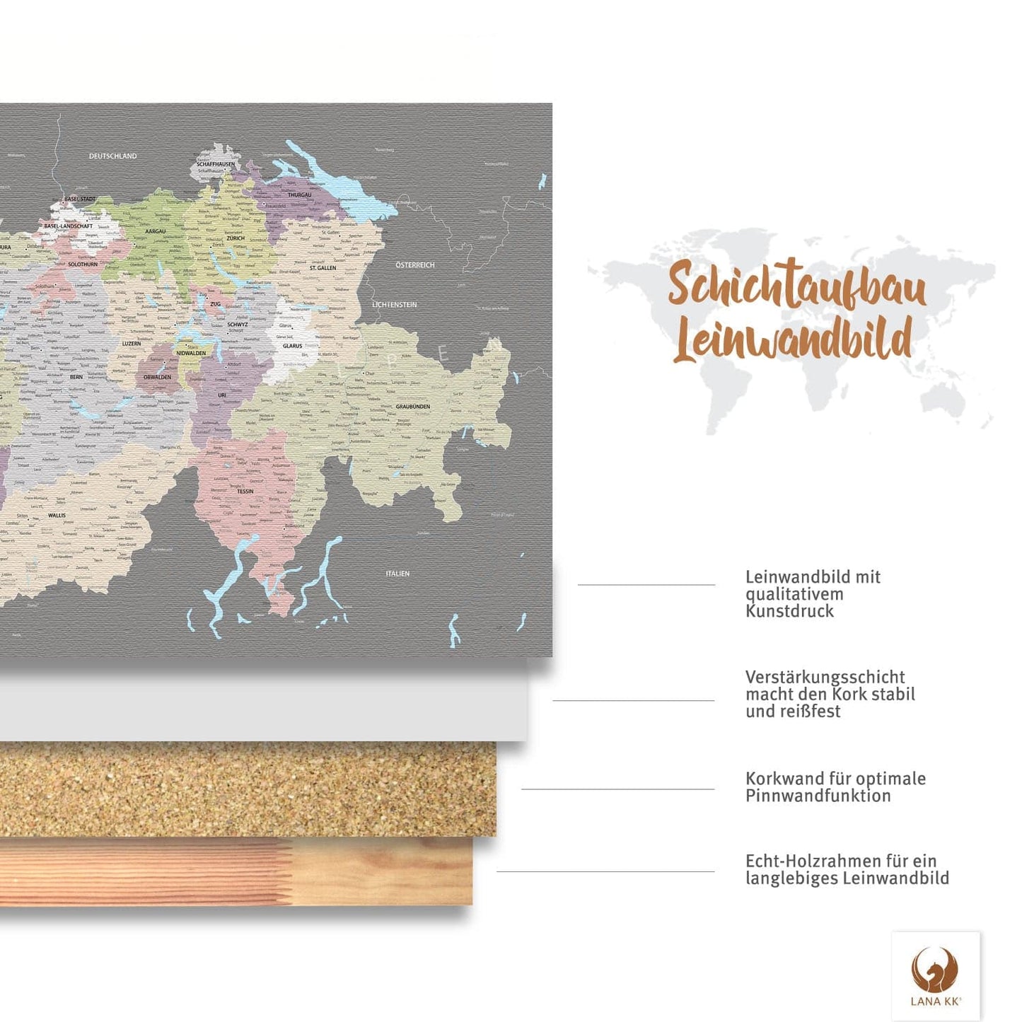 Deine Schweizkarte Graphit Grau ist stabil konstruiert und ist optimal zum Pinnen Deiner Reiseziele.