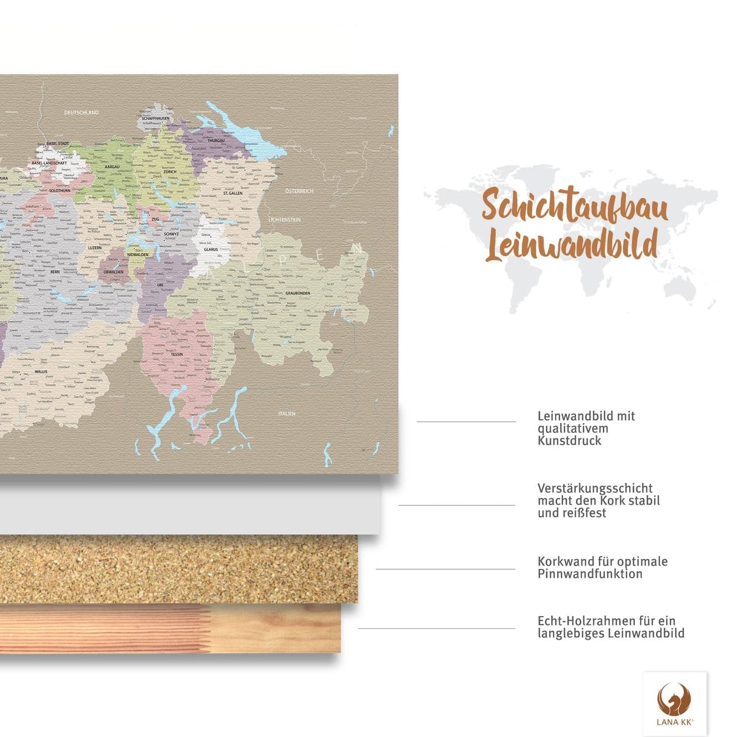 Deine Schweizkarte Grau Sand ist stabil konstruiert und ist optimal zum Pinnen Deiner Reiseziele.