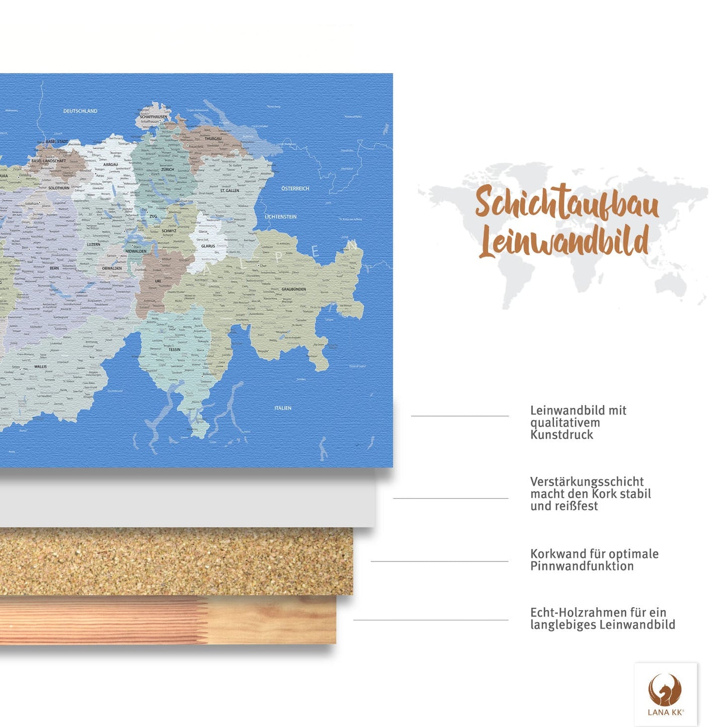 Deine Schweizkarte Hellblau ist stabil konstruiert und ist optimal zum Pinnen Deiner Reiseziele.