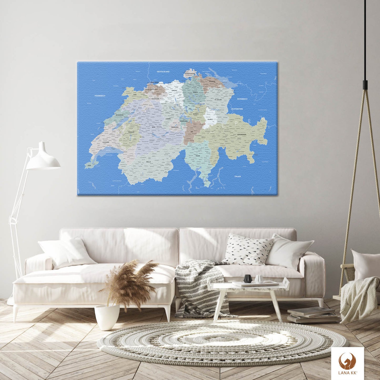 Die Welt als Zentrum Deiner Wohnung. Deine Schweizkarte Hellblau für sich mit ihren ausgewogenen Farben ideal in Dein Wohnkonzept ein.