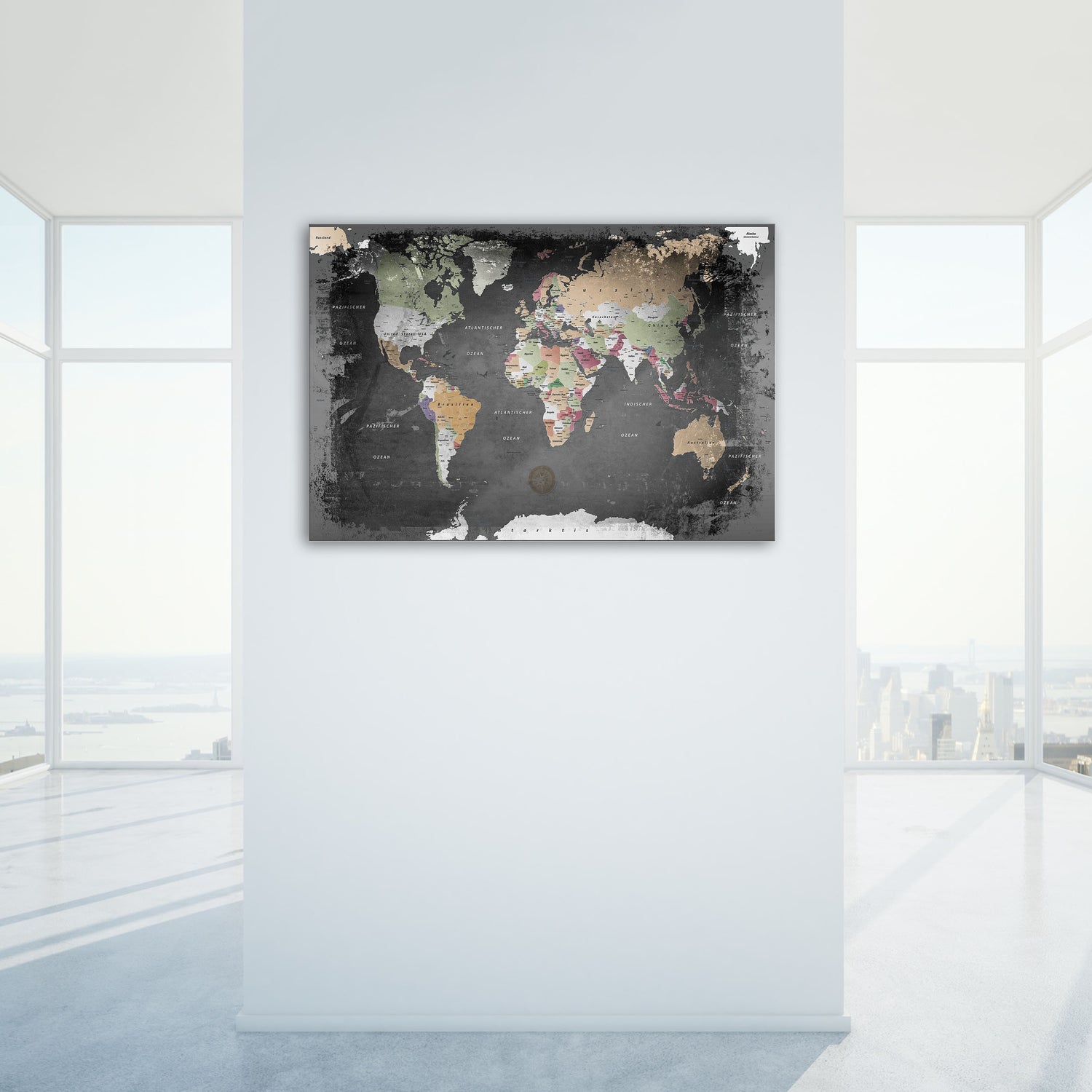 Echtglas Wandbild - Weltkarte Graphit - WELTKARTEN24