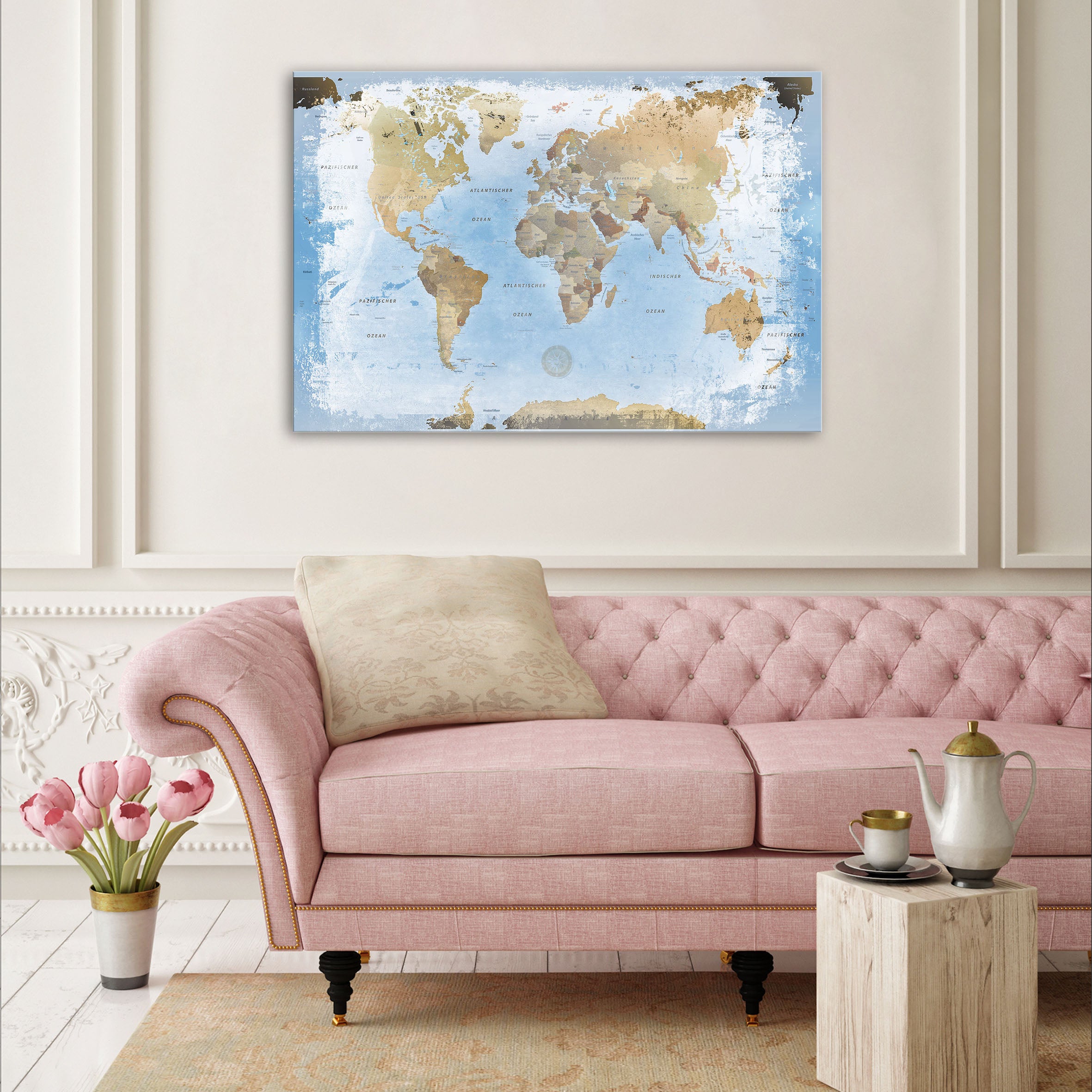 Echtglas Wandbild - Weltkarte Ice - WELTKARTEN24