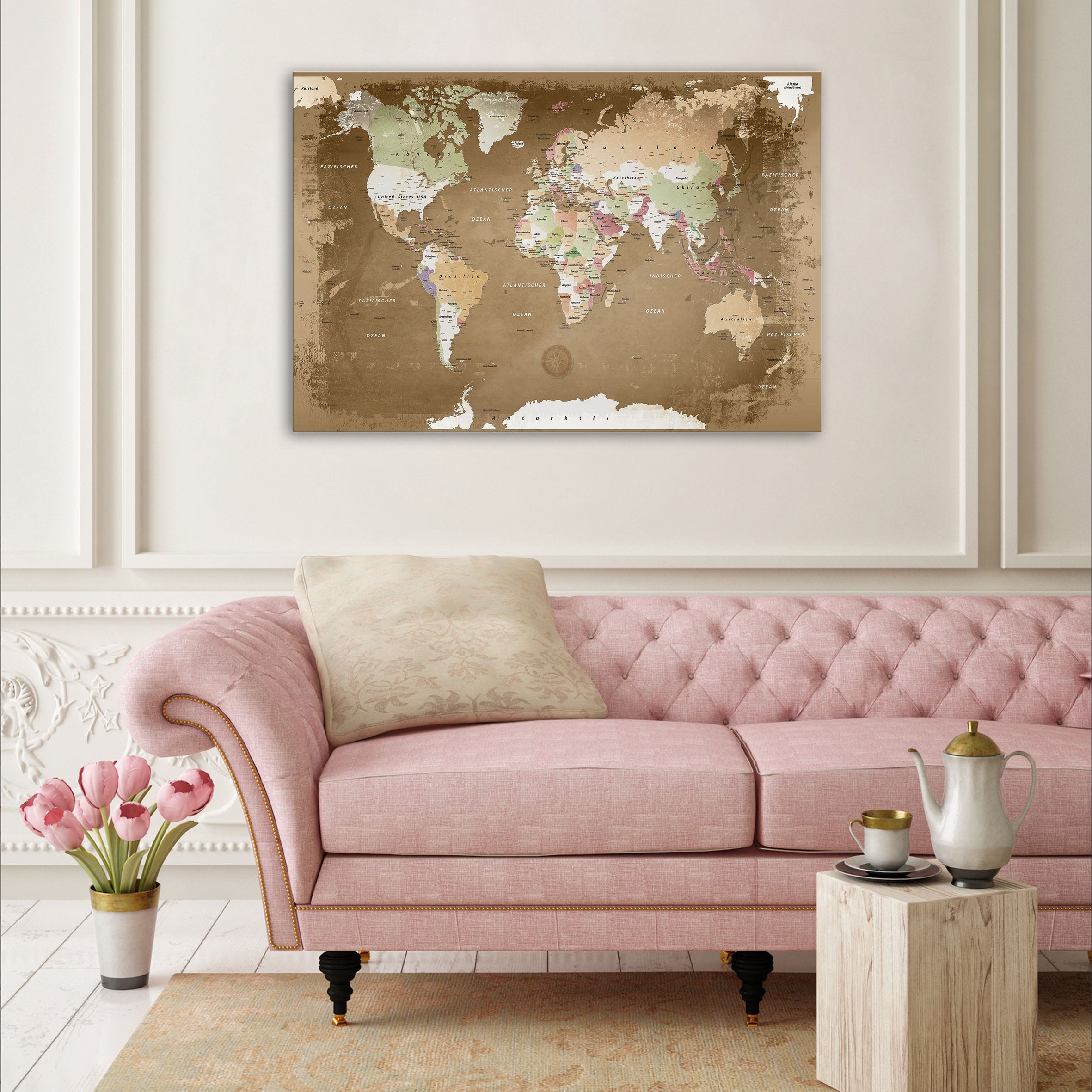 Echtglas Wandbild - Weltkarte Oldstyle - WELTKARTEN24