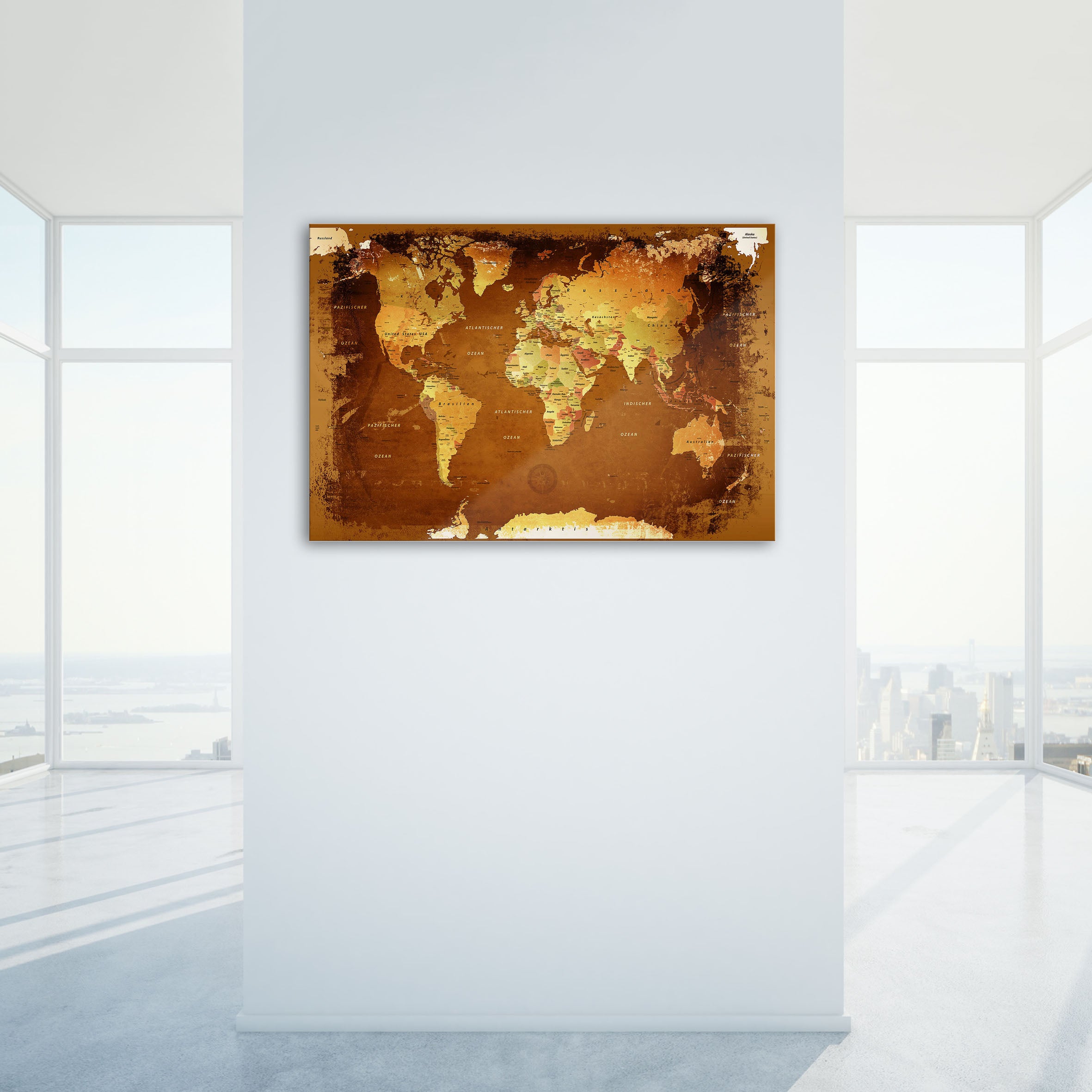 Echtglas Wandbild - Weltkarte Retro Bunt - WELTKARTEN24