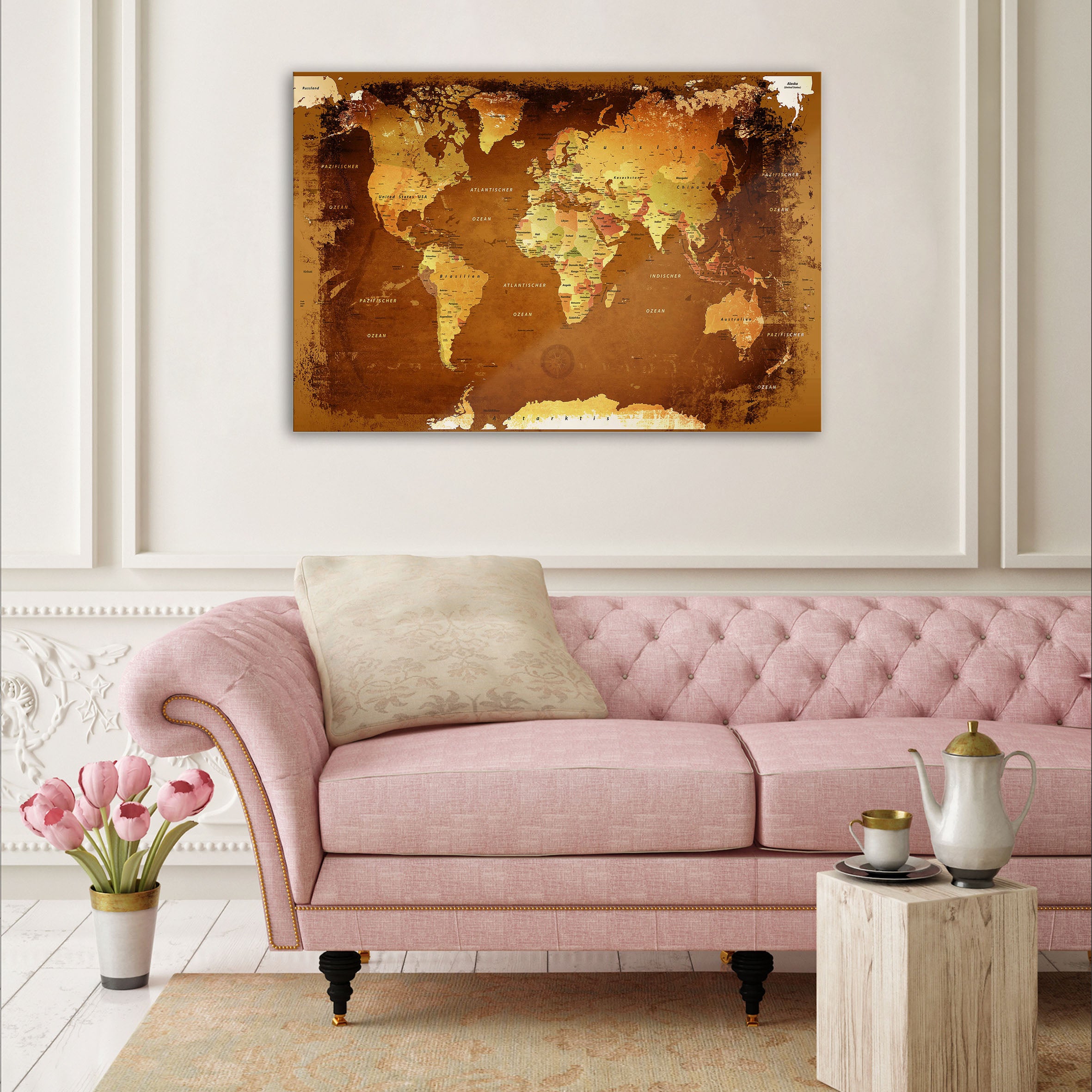 Echtglas Wandbild - Weltkarte Retro Bunt - WELTKARTEN24