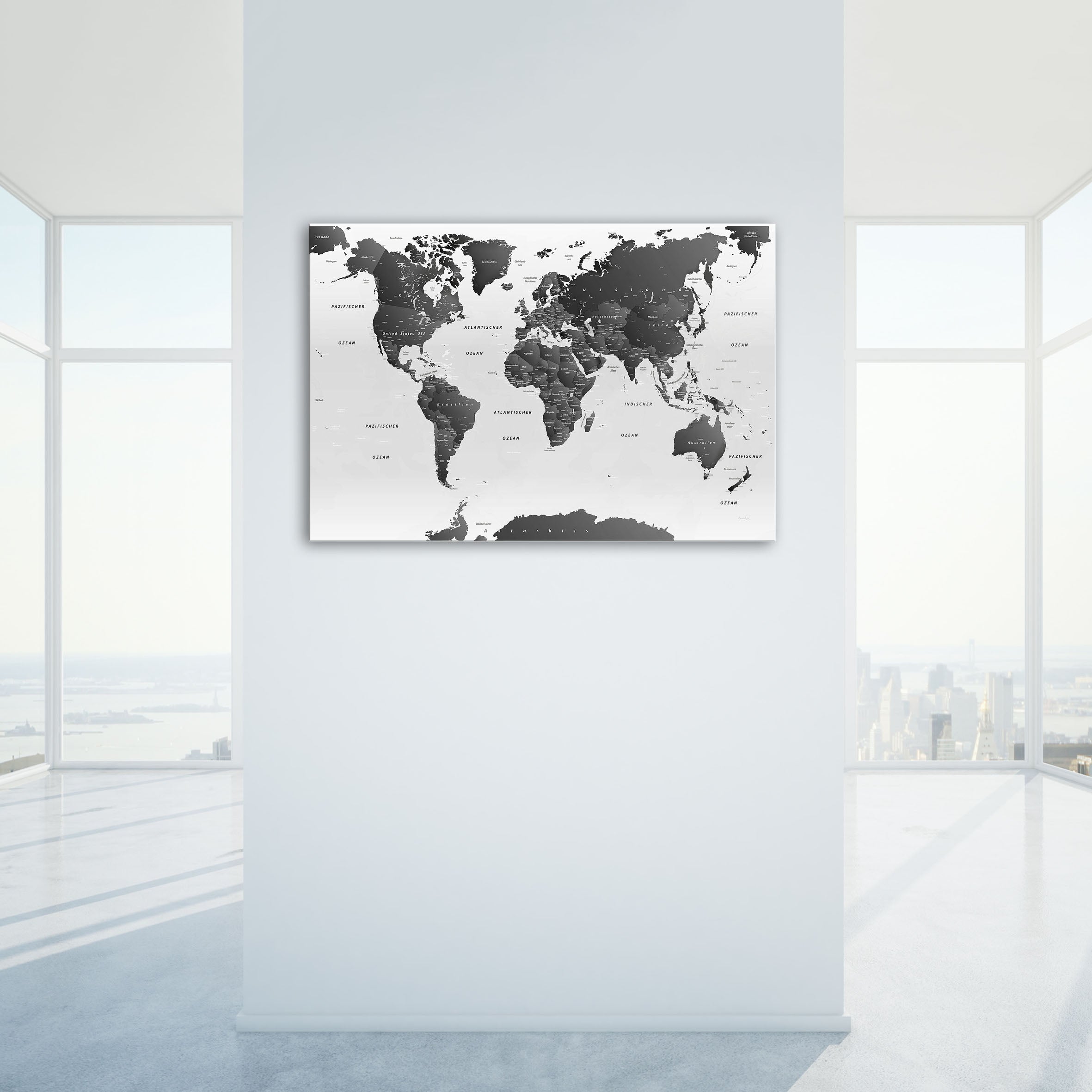 Echtglas Wandbild - Weltkarte Schwarz & Weiß - hell - WELTKARTEN24