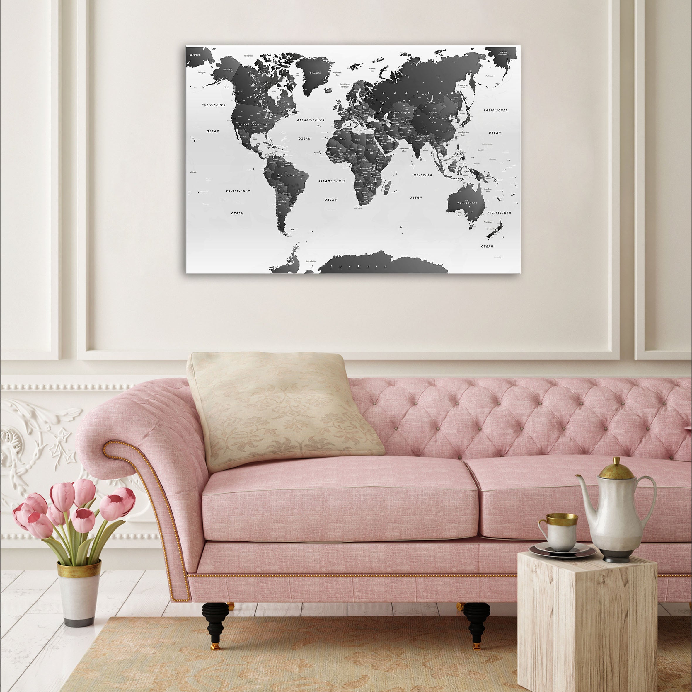 Echtglas Wandbild - Weltkarte Schwarz & Weiß - hell - WELTKARTEN24