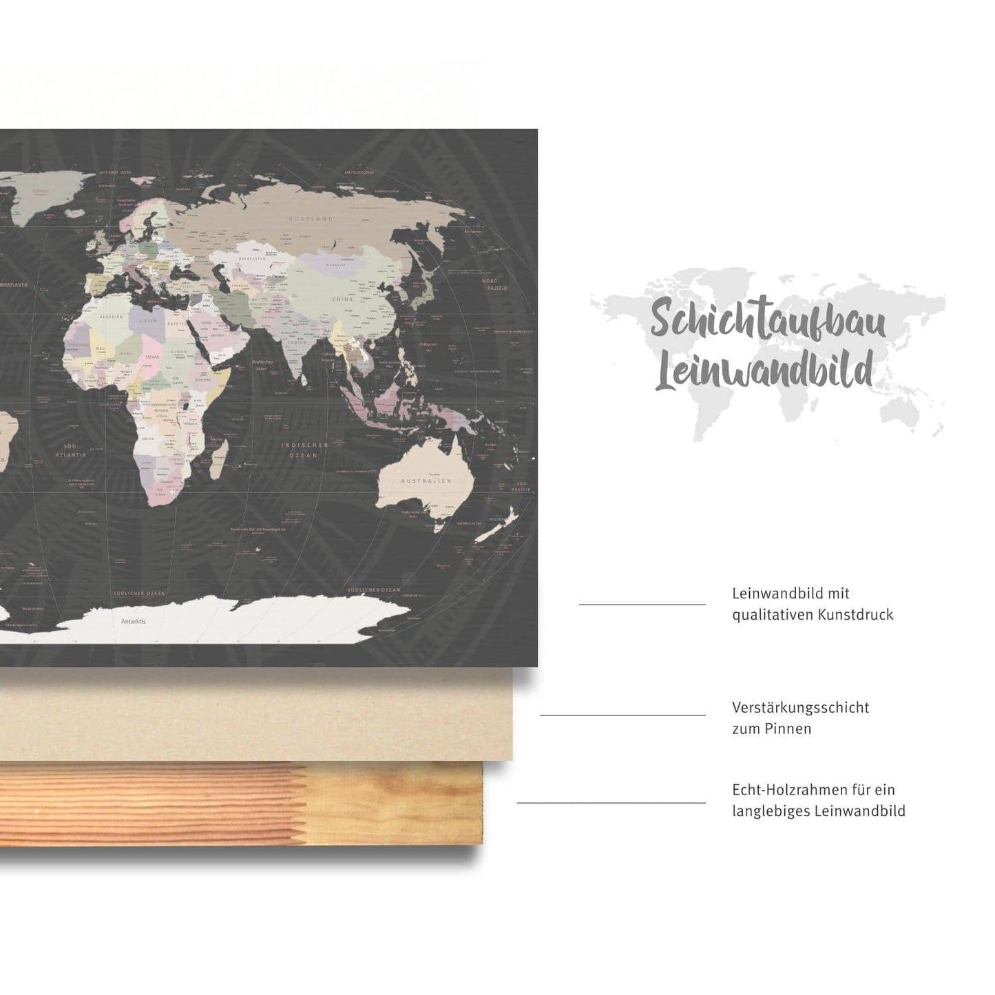 Deine Weltkarte Grey besteht aus echter Baumwoll-Leinwand mit einer verstärkten Schicht zum Pinnen und einem Echtholz-Keilrahmen