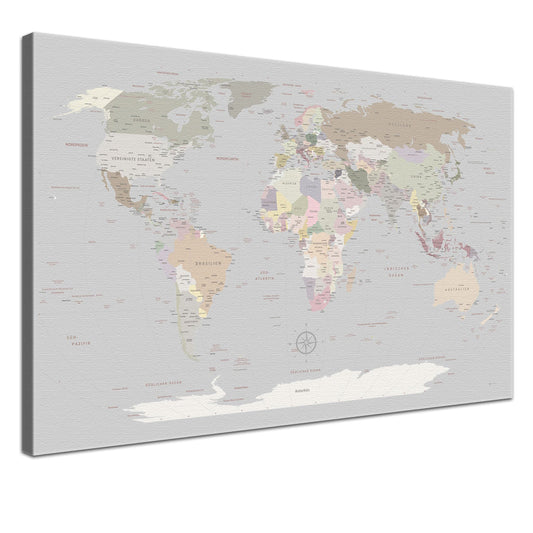 Deine Weltkarte Light als edle Leinwand mit natürlicher Baumwolle und nachhaltigen Holzrahmen.