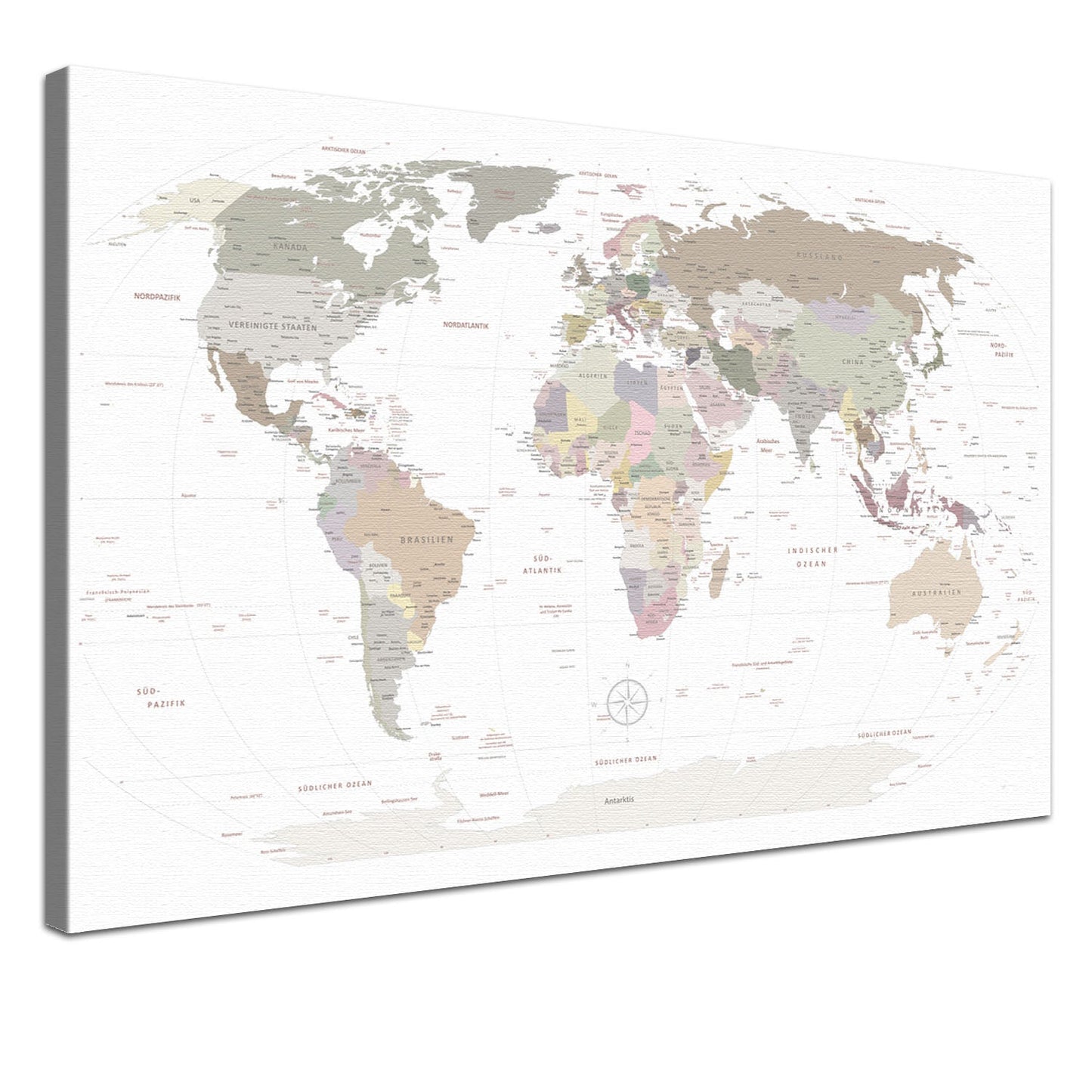 Deine Weltkarte White als edle Leinwand mit natürlicher Baumwolle und nachhaltigen Holzrahmen.