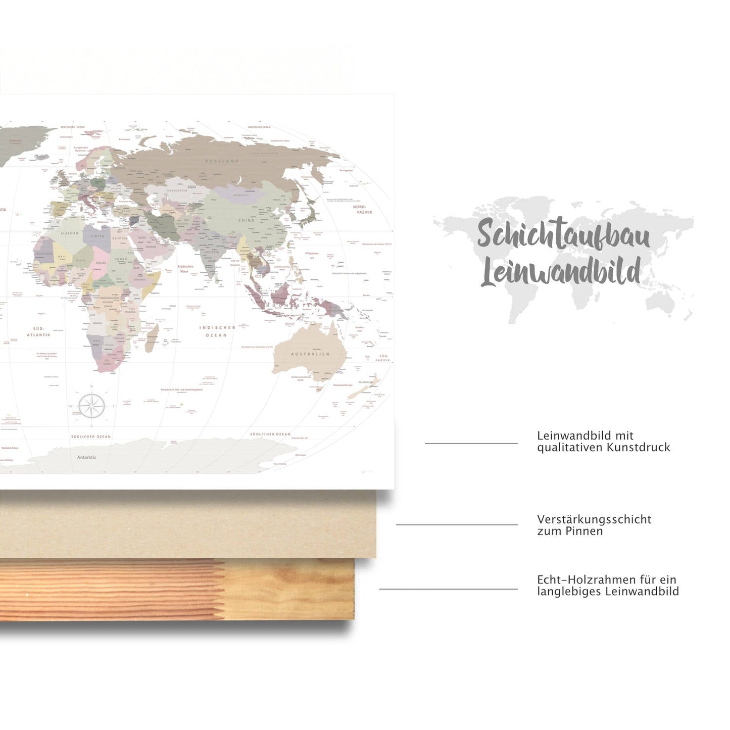 Deine Weltkarte White besteht aus echter Baumwoll-Leinwand mit einer verstärkten Schicht zum Pinnen und einem Echtholz-Keilrahmen