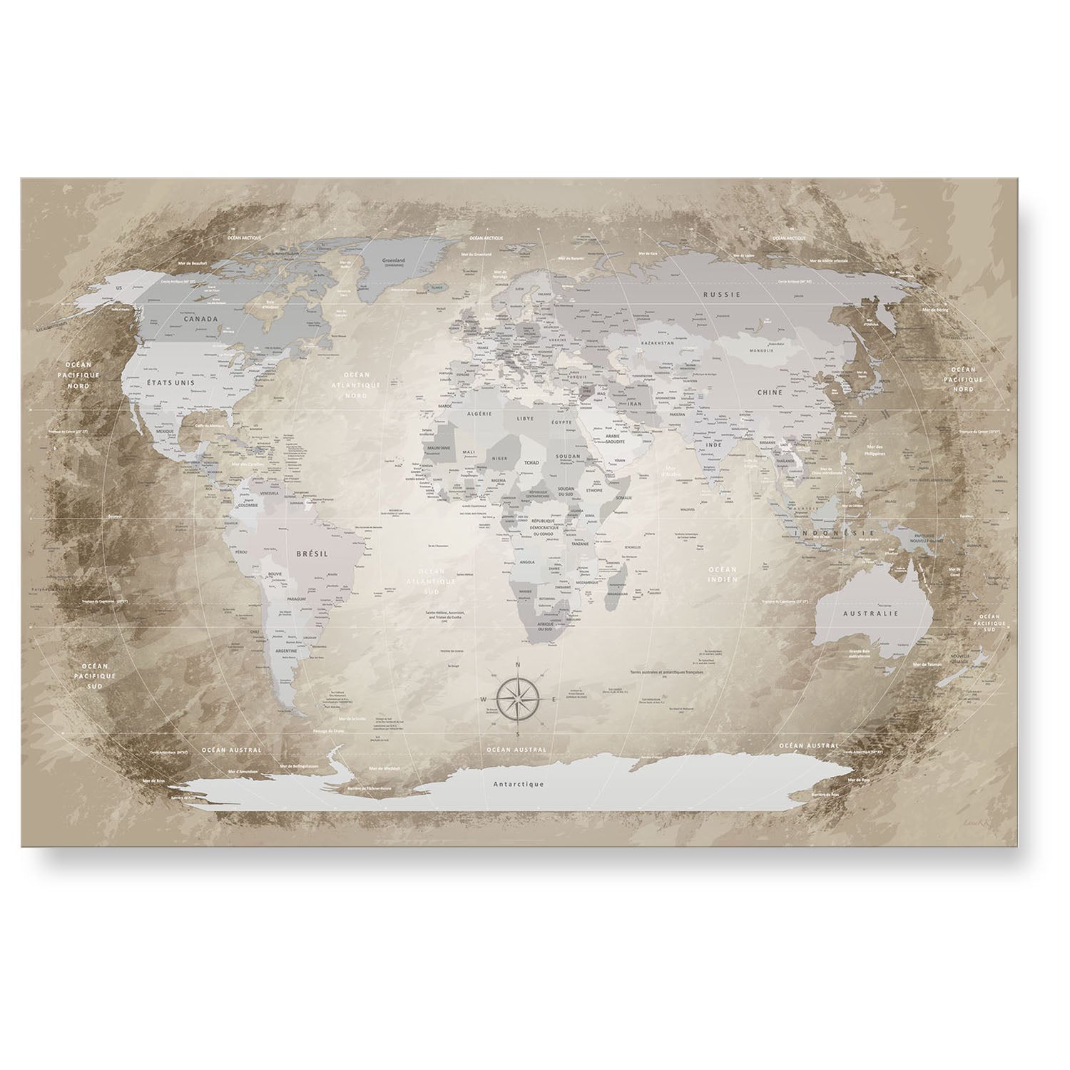 Echtglas Wandbild - Weltkarte Beige - WELTKARTEN24