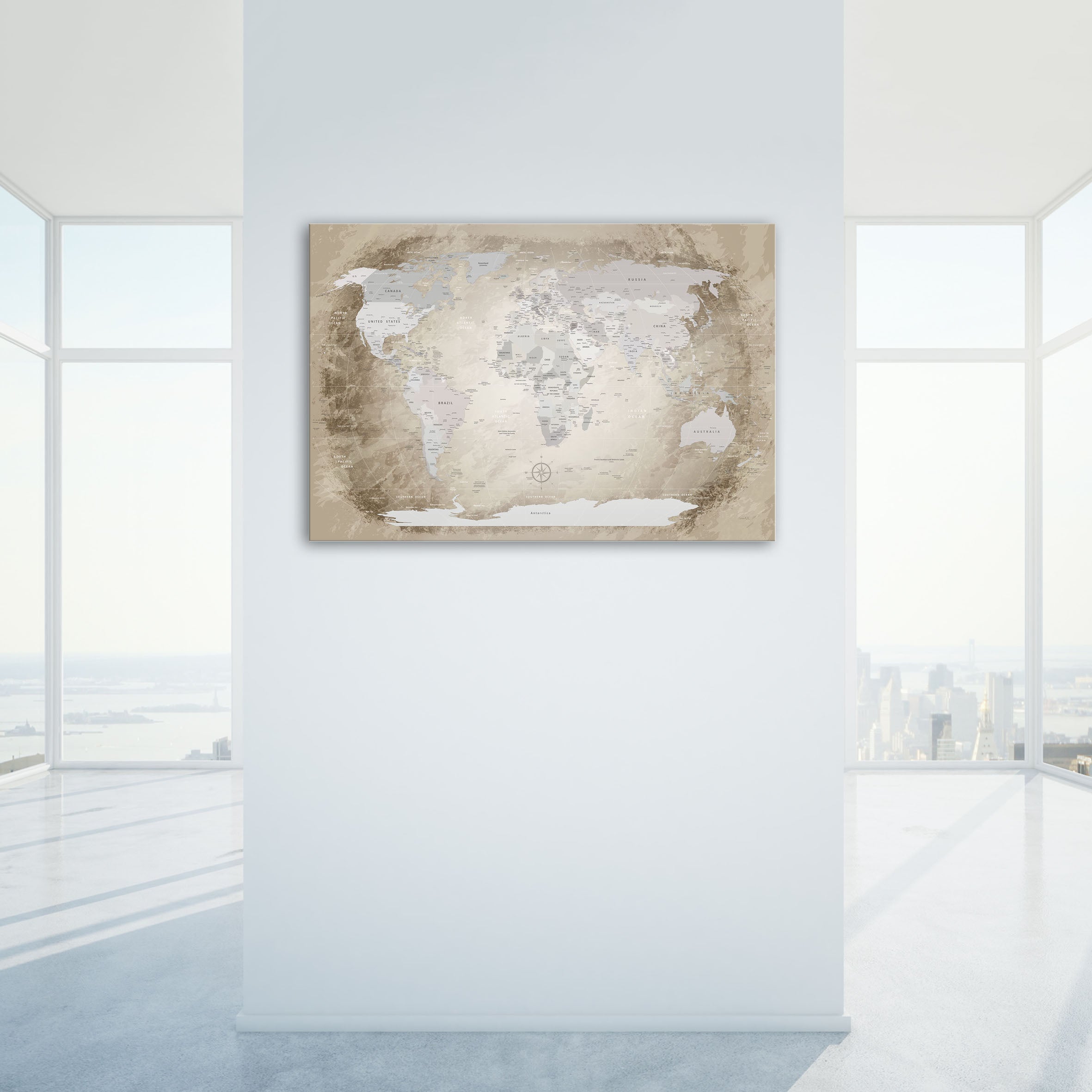 Echtglas Wandbild - Weltkarte Beige - WELTKARTEN24