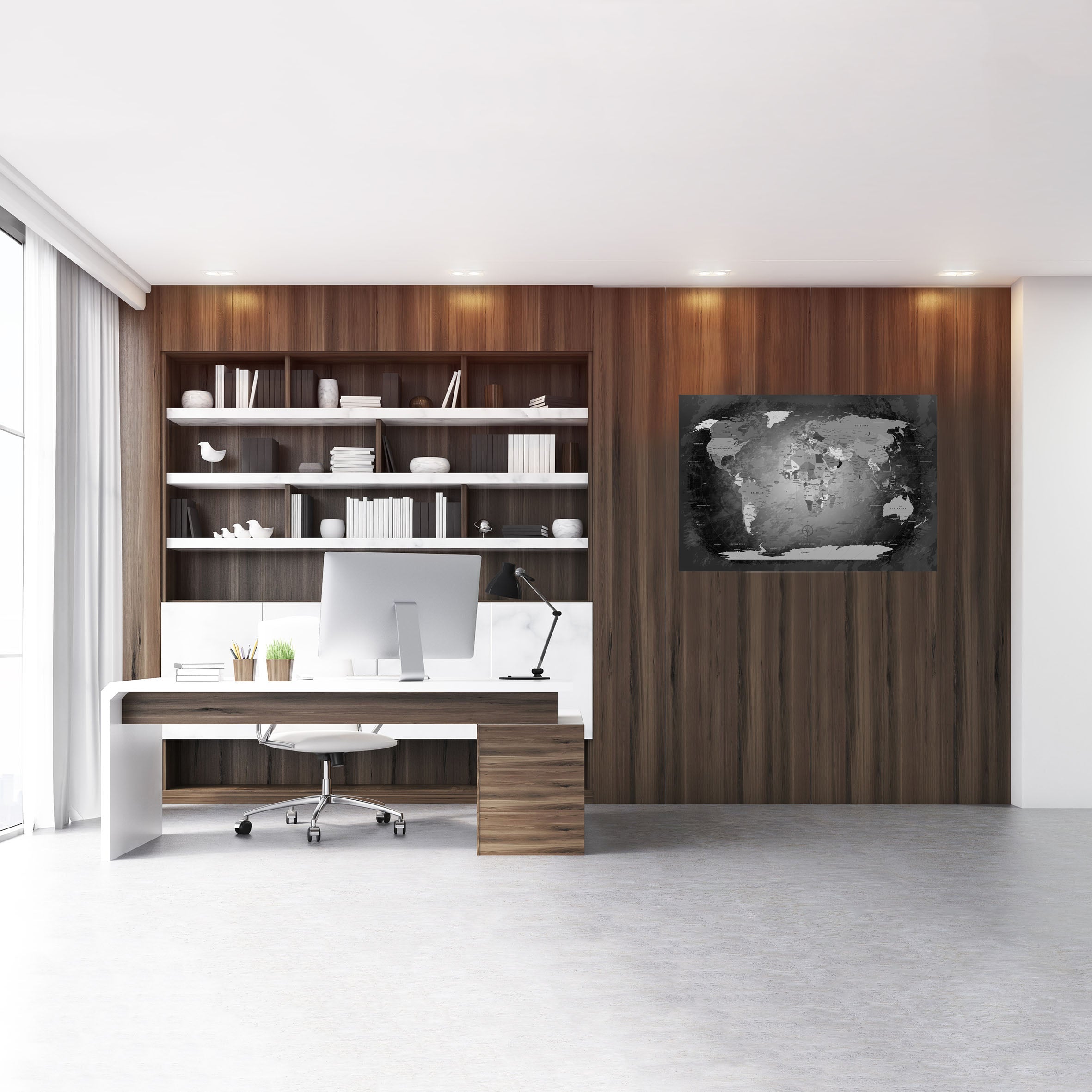 Echtglas Wandbild - Weltkarte Schwarz & Weiß - WELTKARTEN24