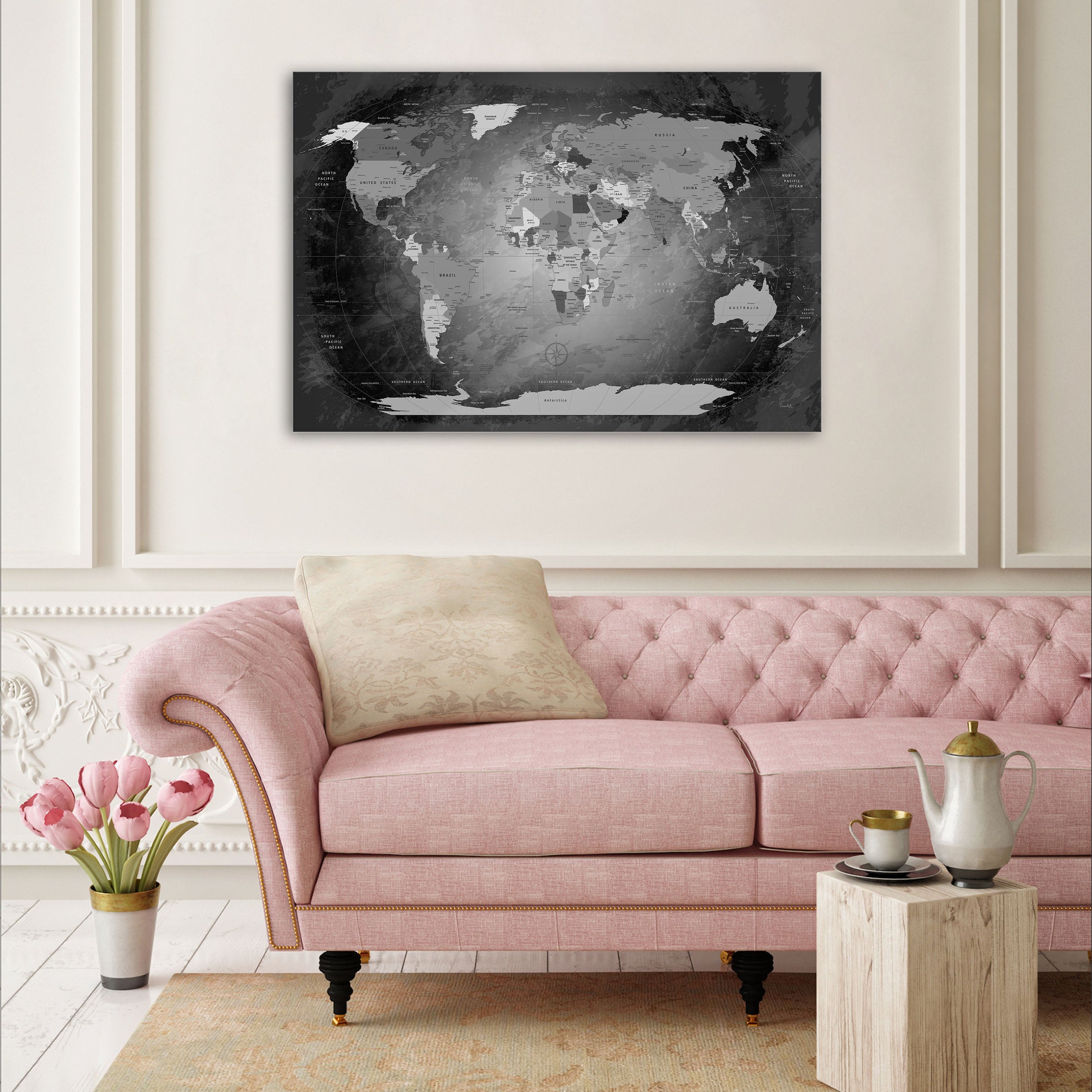 Echtglas Wandbild - Weltkarte Schwarz & Weiß - WELTKARTEN24