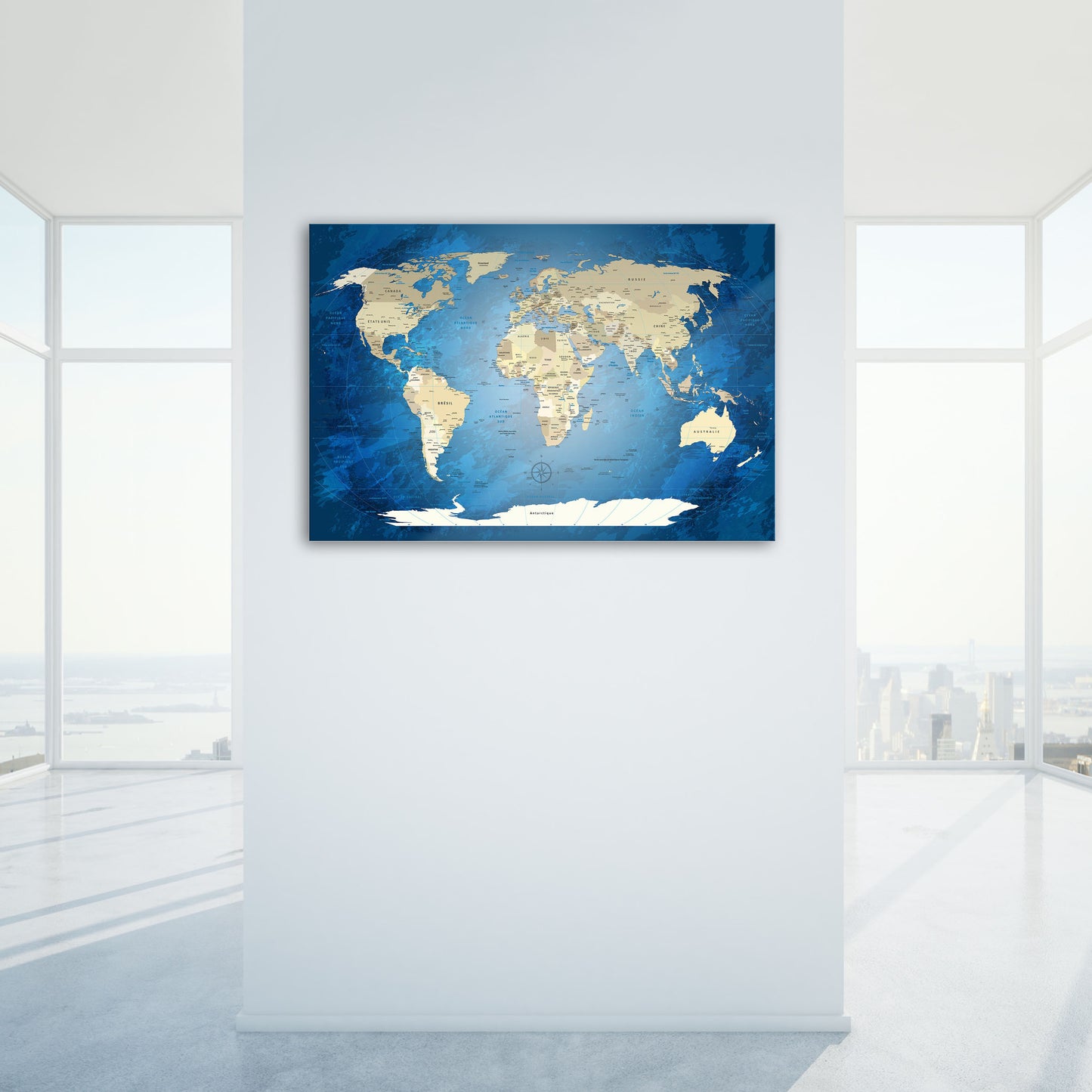 Echtglas Wandbild - Weltkarte Blue Ocean - WELTKARTEN24