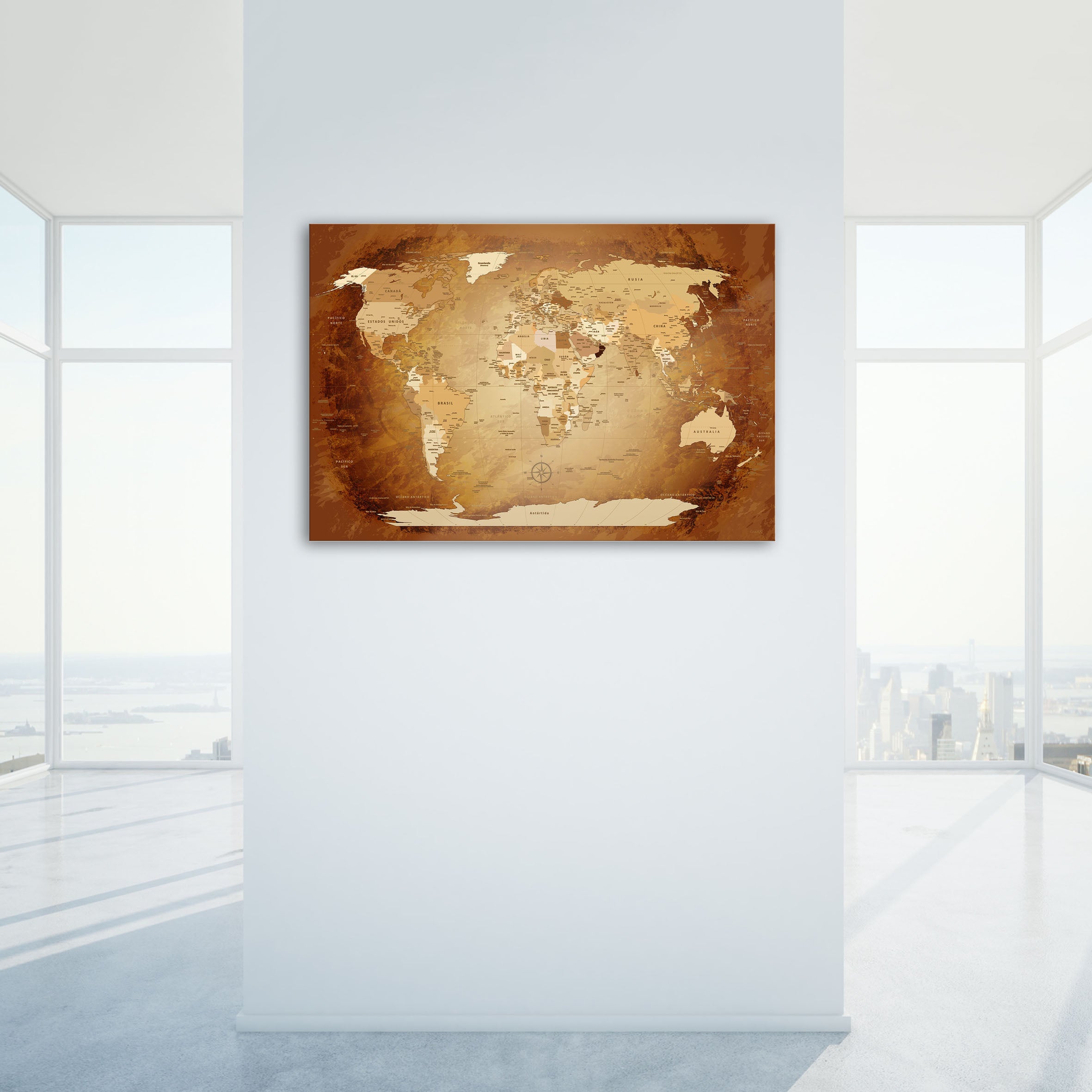 Echtglas Wandbild - Weltkarte Braun Farbenfroh - WELTKARTEN24